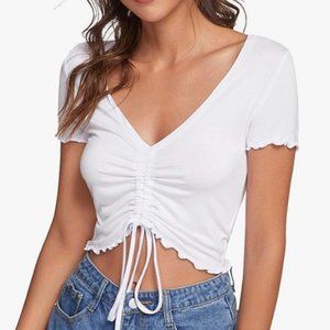 Shein Ruched Drawstring Front V-Neck Lettuce Edge White Crop Tee Top Size XS